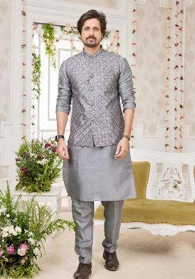 Dark Grey Embroidered Art Silk Nehru Jacket Set For Men
