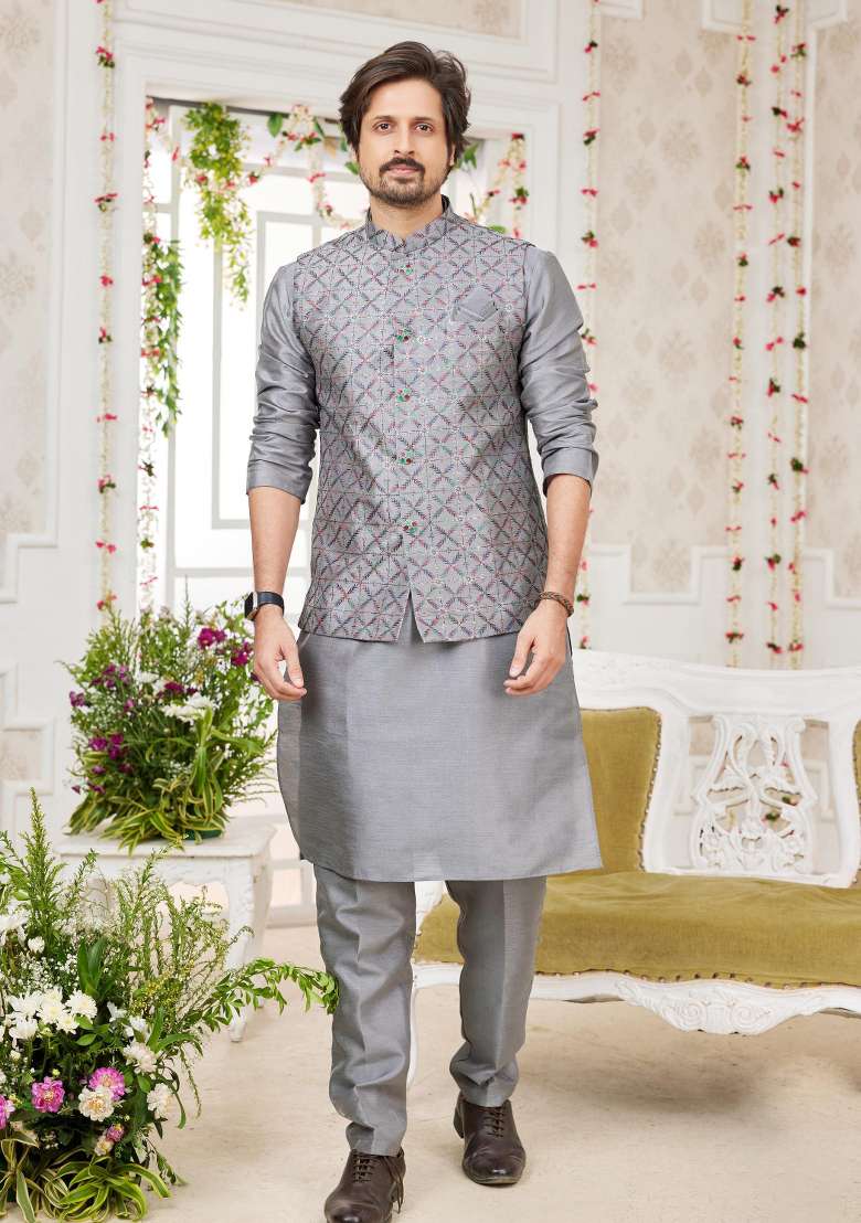Dark Grey Embroidered Art Silk Nehru Jacket Set For Men - Indya