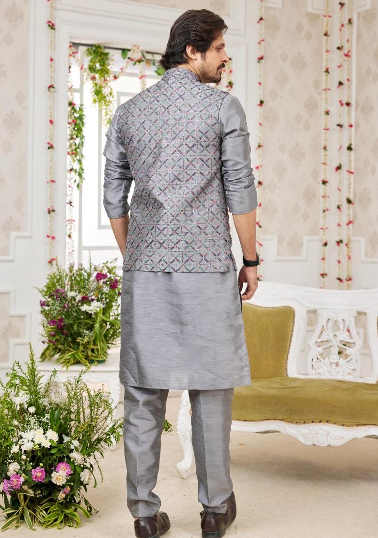 Dark Grey Embroidered Art Silk Nehru Jacket Set For Men