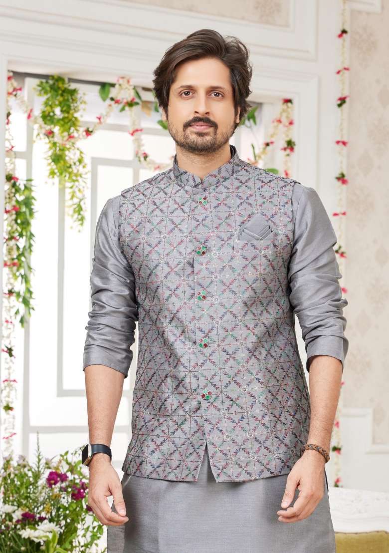 Dark Grey Embroidered Art Silk Nehru Jacket Set For Men - Indya