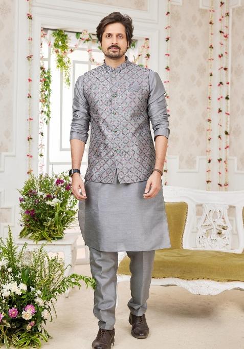 Dark Grey Embroidered Art Silk Nehru Jacket Set For Men — view on Indya