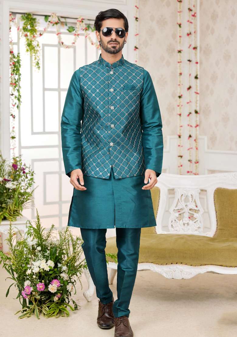 Green Embroidered Art Silk Nehru Jacket Set For Men - Indya