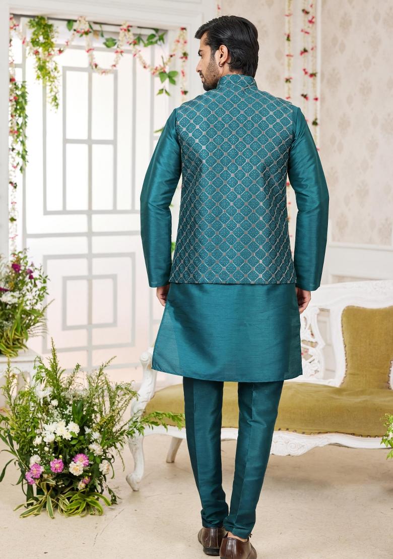 Green Embroidered Art Silk Nehru Jacket Set For Men