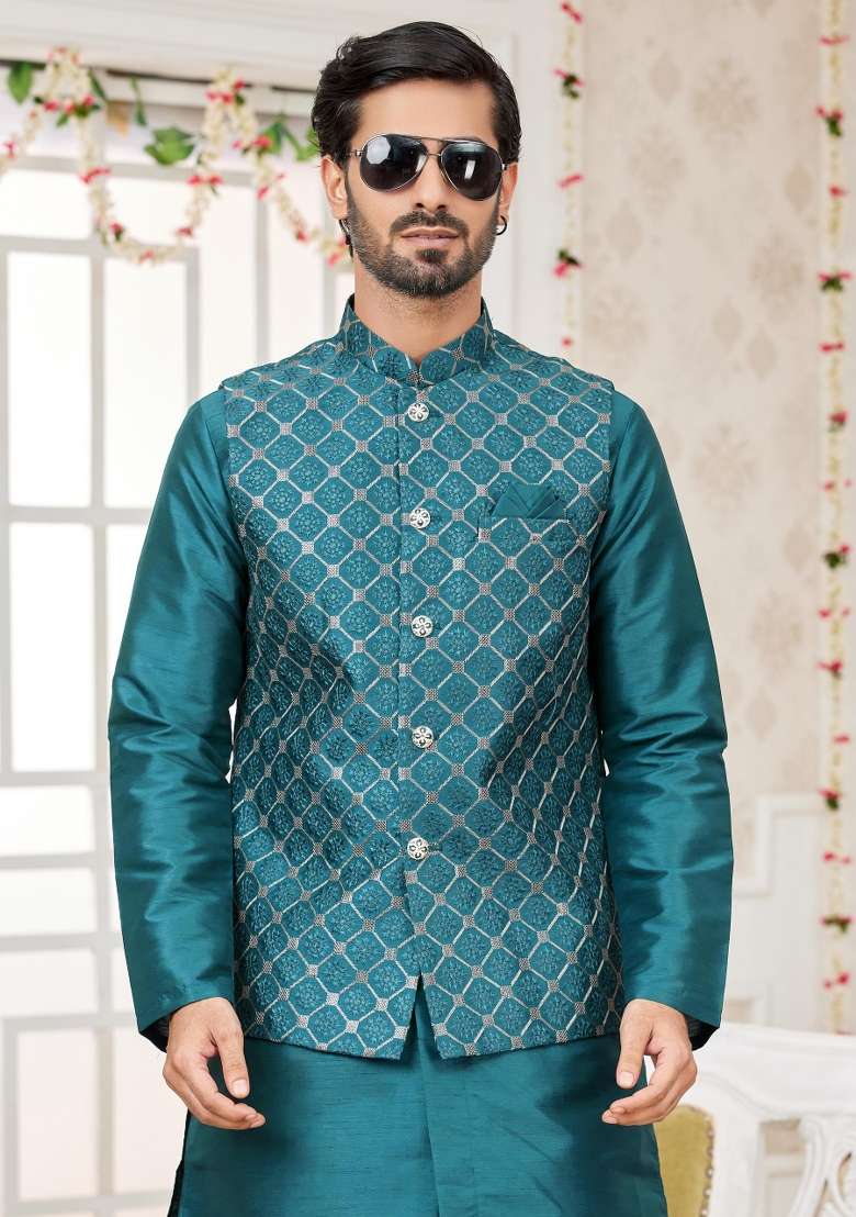 Green Embroidered Art Silk Nehru Jacket Set For Men - Indya