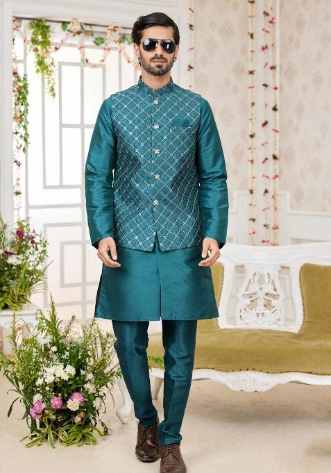 Green Embroidered Art Silk Nehru Jacket Set For Men — view on Indya