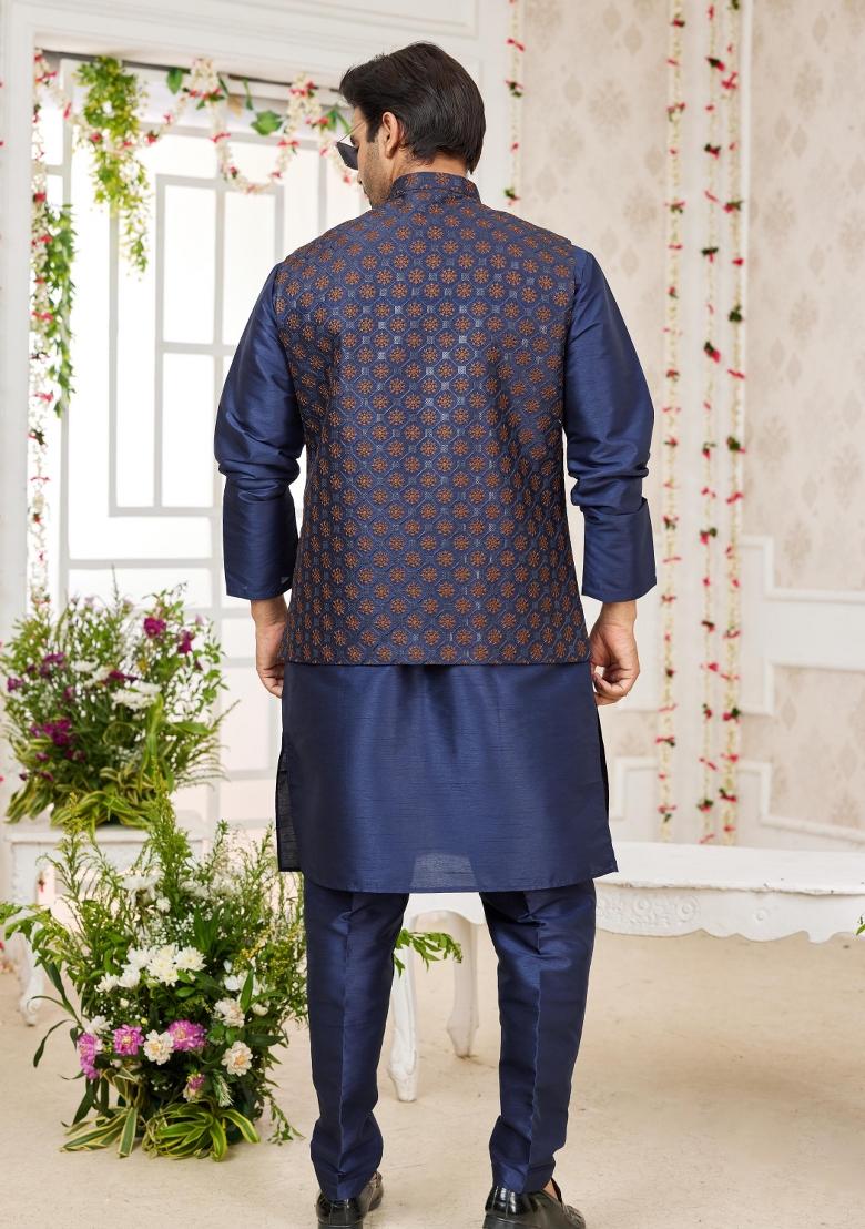 Blue Embroidered Art Silk Nehru Jacket Set For Men
