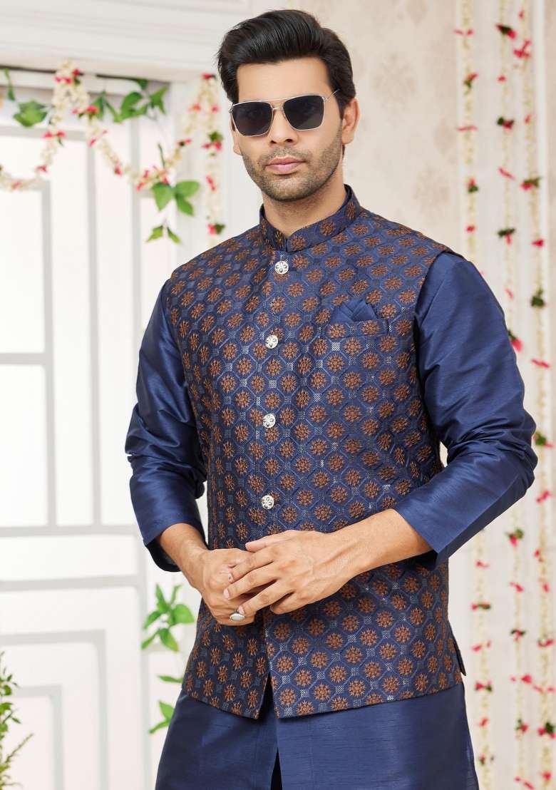 Blue Embroidered Art Silk Nehru Jacket Set For Men - Indya