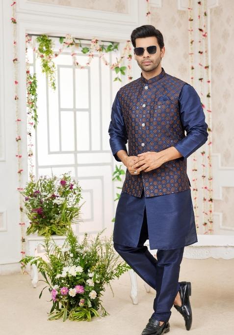 Blue Embroidered Art Silk Nehru Jacket Set For Men — view on Indya