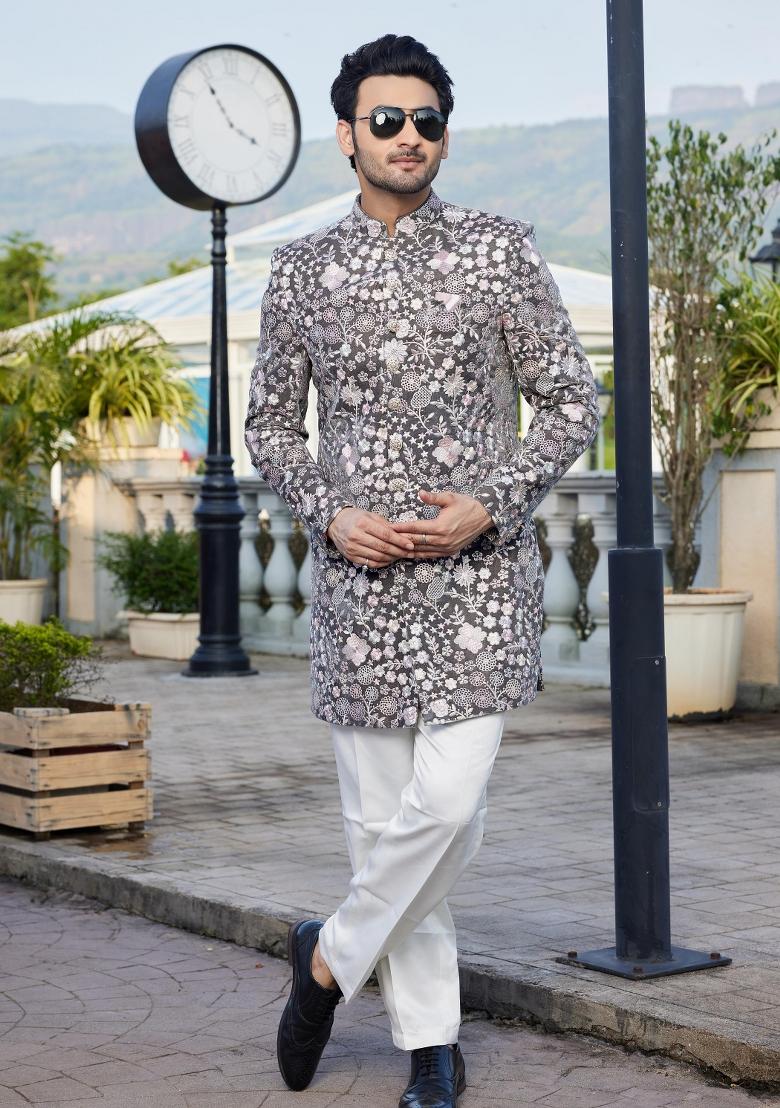 Grey Solid Cotton Bandhgala Set For Men