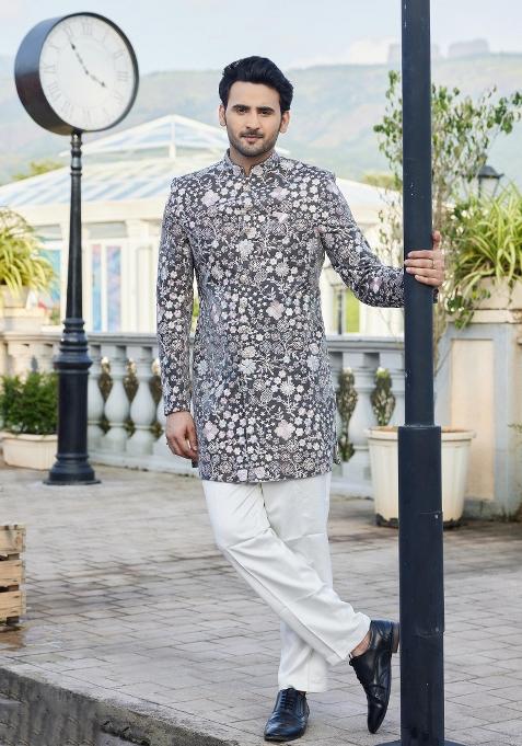 Grey Solid Cotton Bandhgala Set For Men — view on Indya