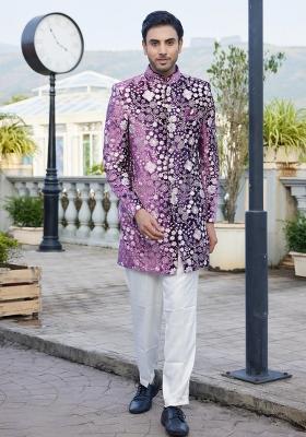 Magenta Solid Cotton Bandhgala Set For Men