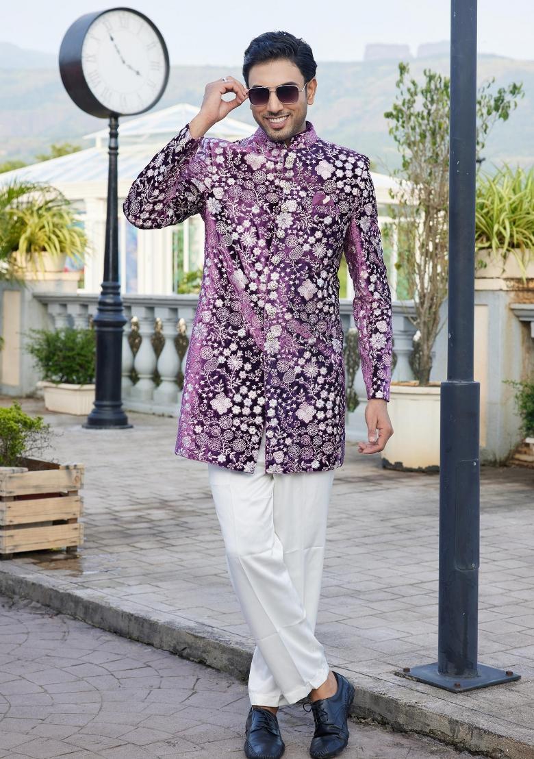 Magenta Solid Cotton Bandhgala Set For Men