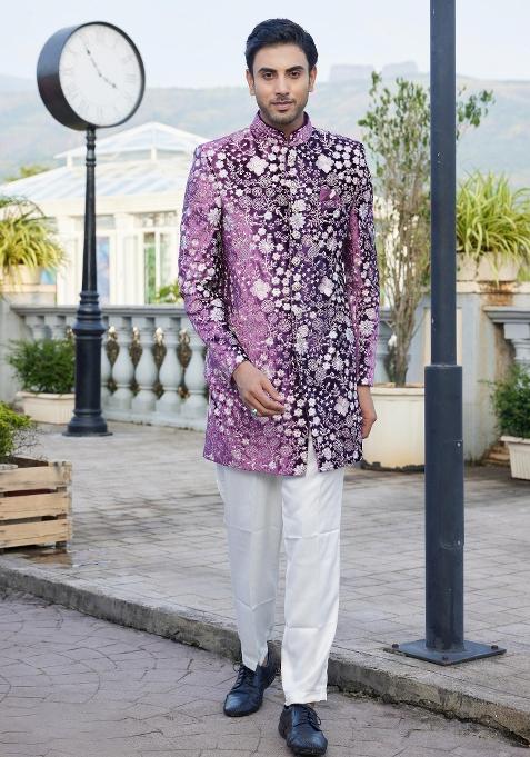 Magenta Solid Cotton Bandhgala Set For Men