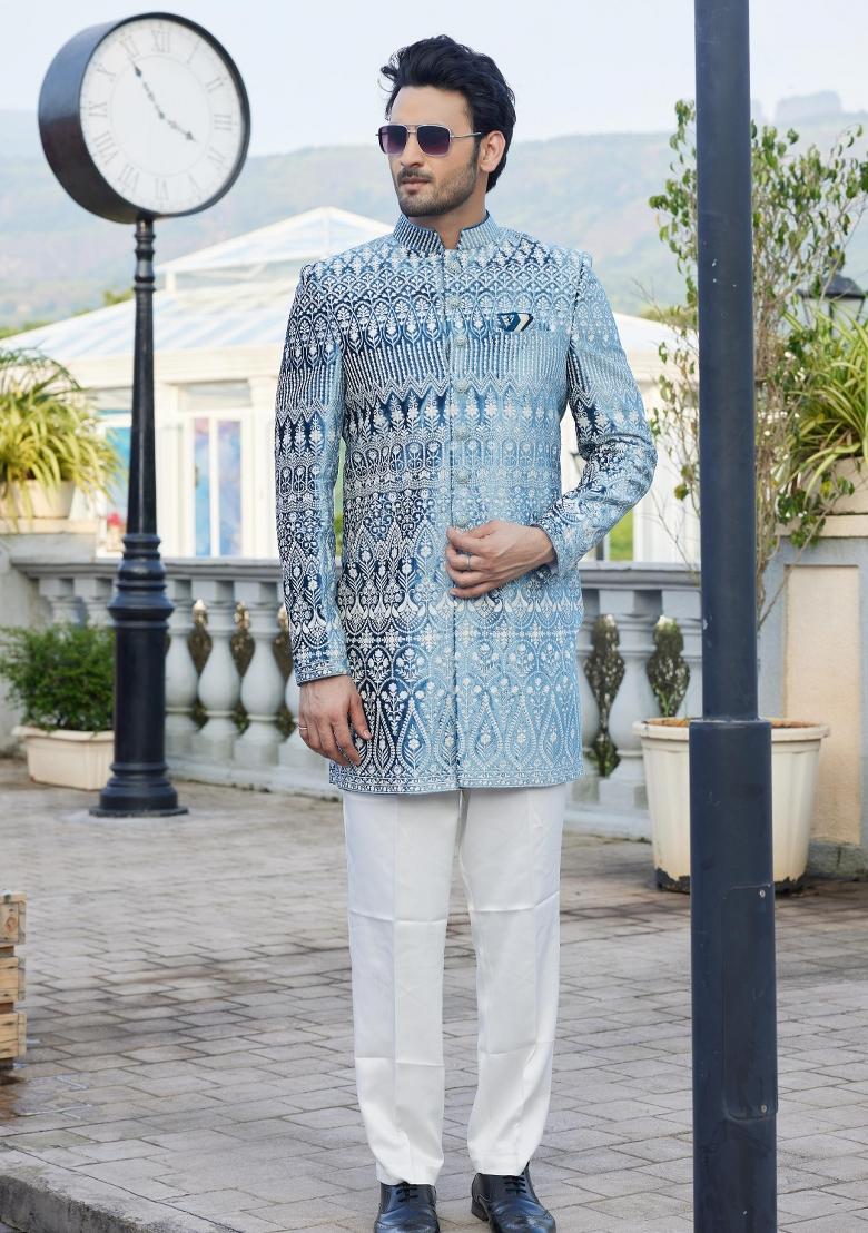 Teal Blue Solid Cotton Bandhgala Set For Men