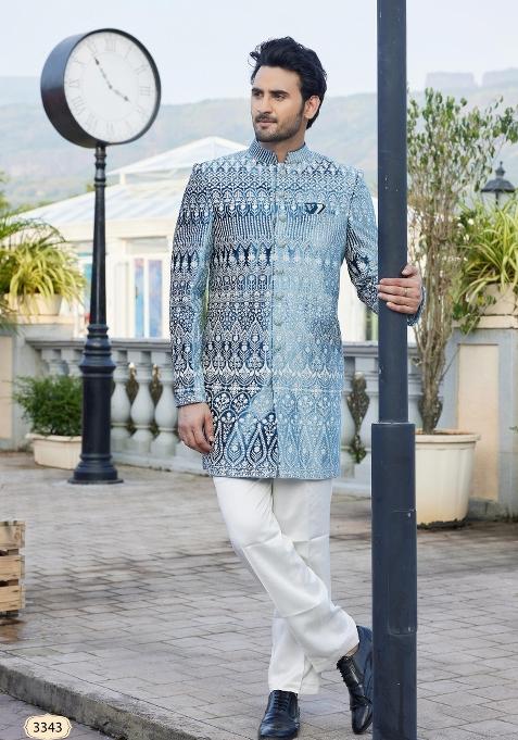 Teal Blue Solid Cotton Bandhgala Set For Men