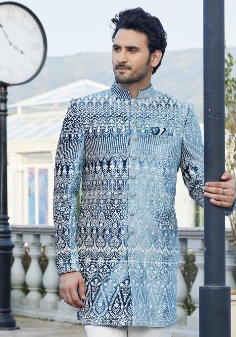 Teal Blue Solid Cotton Bandhgala Set For Men