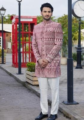 Dark Onion Pink Solid Cotton Bandhgala Set For Men