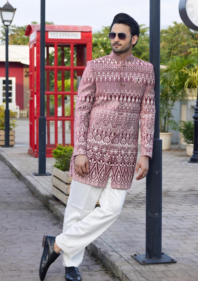 Dark Onion Pink Solid Cotton Bandhgala Set For Men
