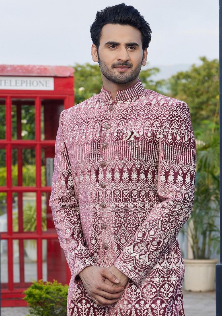 Dark Onion Pink Solid Cotton Bandhgala Set For Men