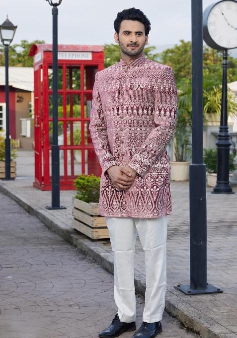 Dark Onion Pink Solid Cotton Bandhgala Set For Men — view on Indya