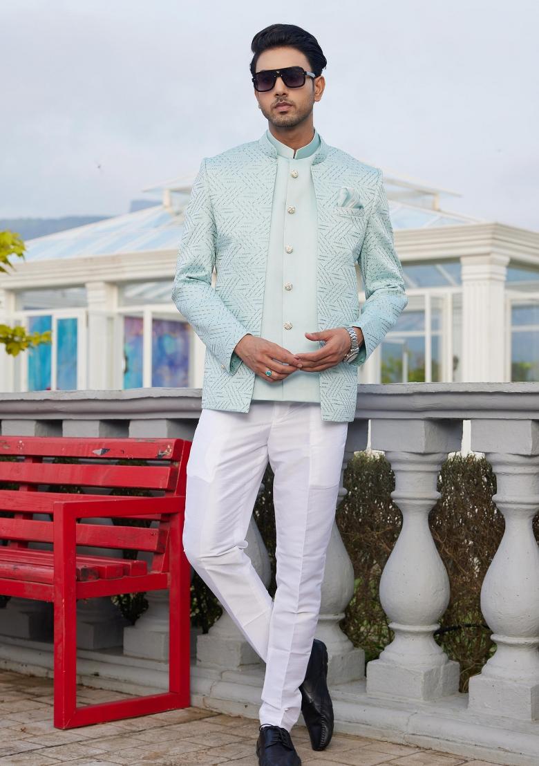 Pista Green Solid Polyester Bandhgala For Men