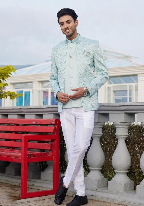 Pista Green Solid Polyester Bandhgala For Men