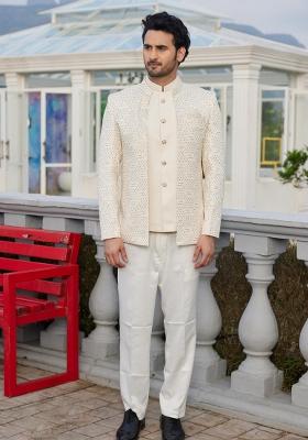 Cream Solid Polyester Bandhgala For Men