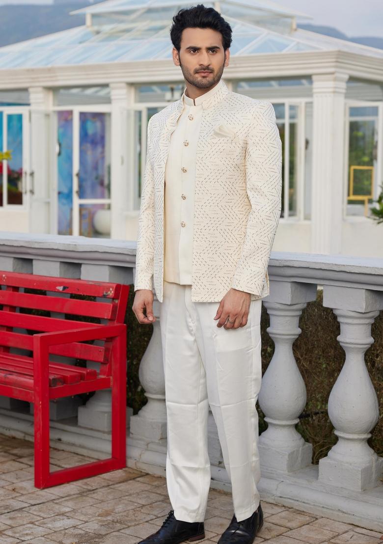 Cream Solid Polyester Bandhgala For Men