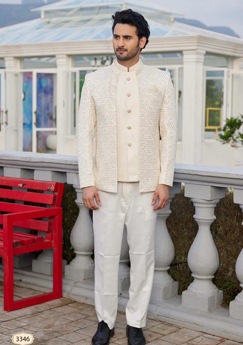 Cream Solid Polyester Bandhgala For Men
