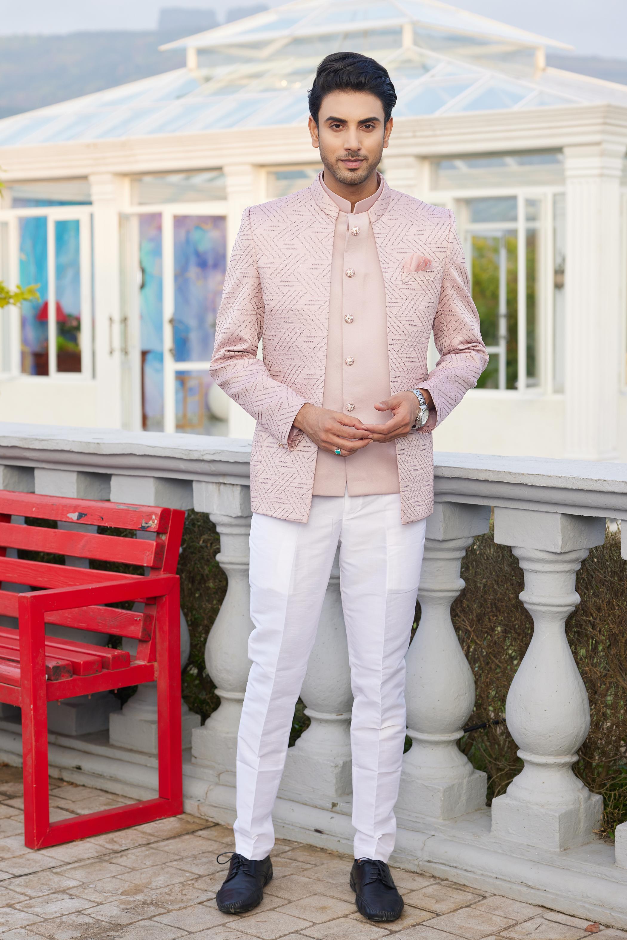 Onion Pink Solid Polyester Bandhgala For Men