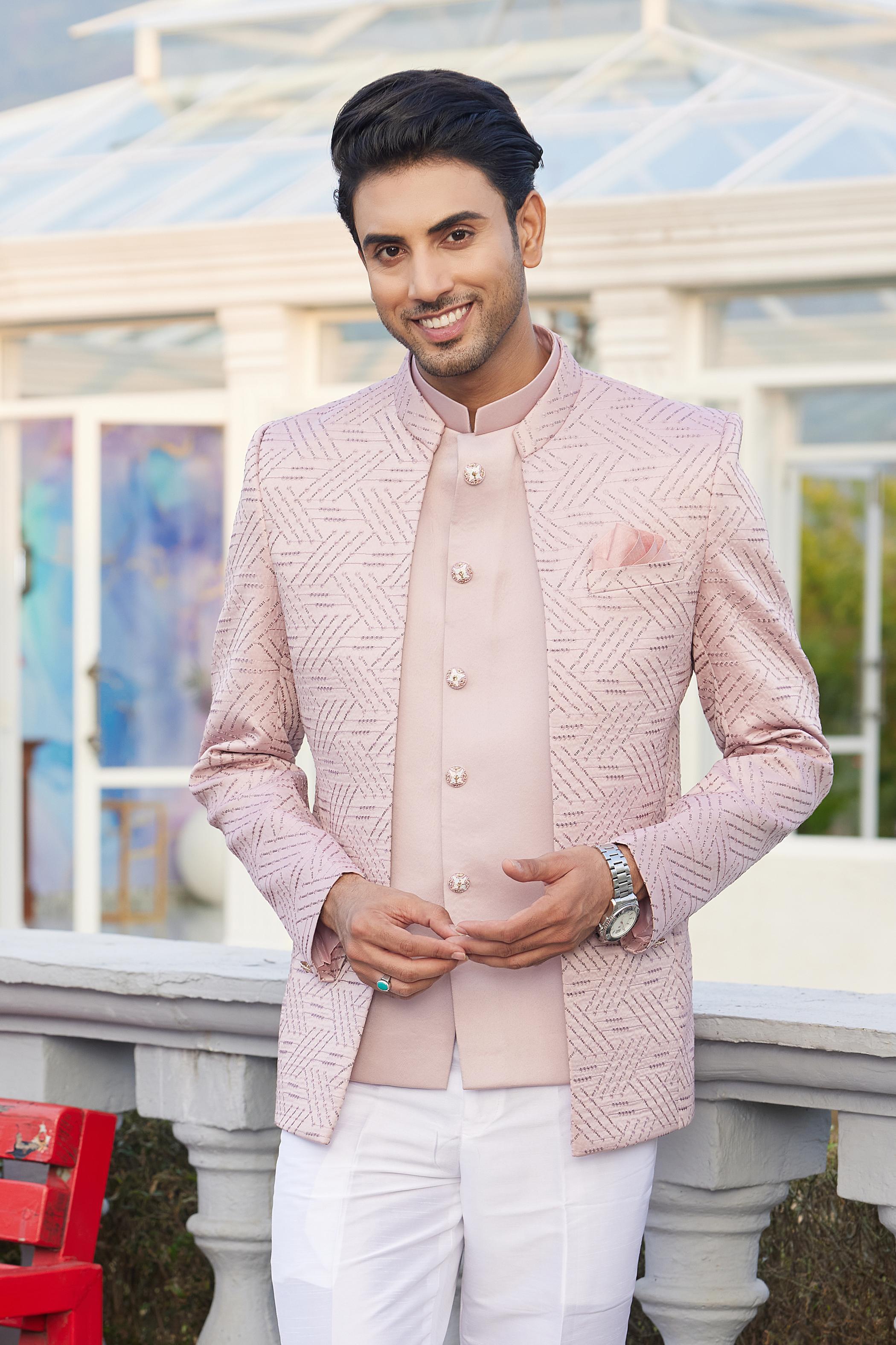 Onion Pink Solid Polyester Bandhgala For Men