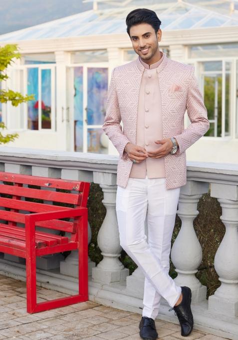 Onion Pink Solid Polyester Bandhgala For Men