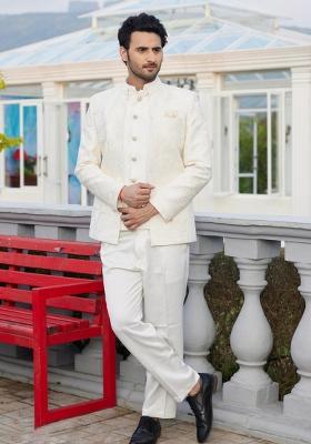 Cream Solid Polyester Bandhgala For Men