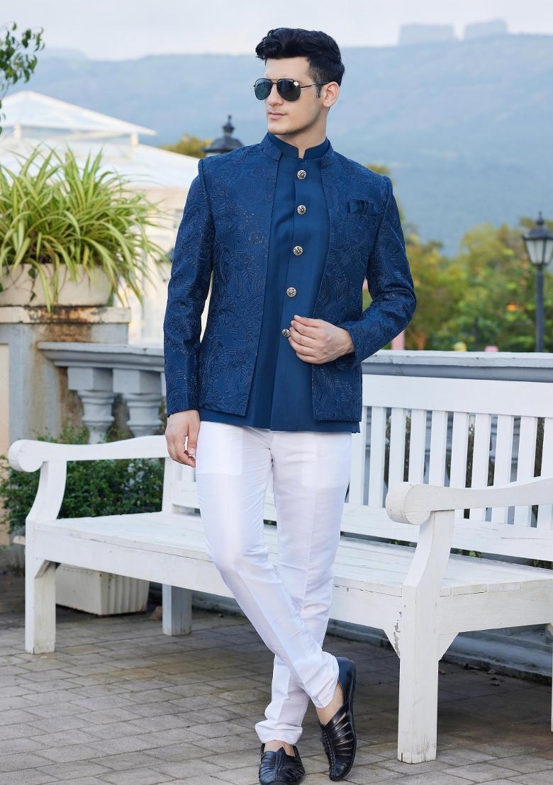 Blue Solid Polyester Bandhgala For Men