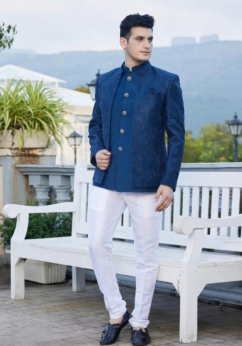 Blue Solid Polyester Bandhgala For Men