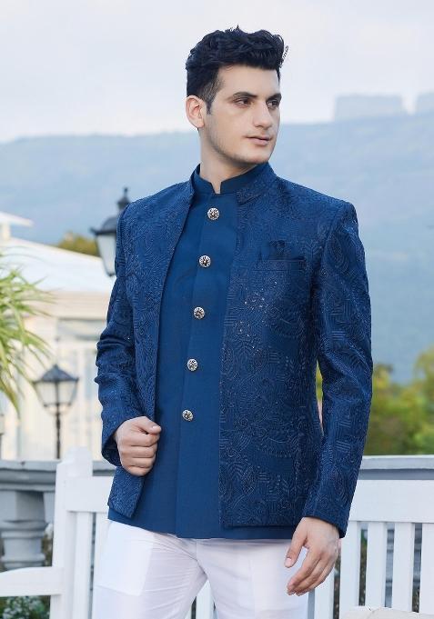 Blue Solid Polyester Bandhgala For Men