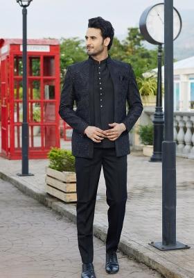 Black Solid Polyester Bandhgala For Men
