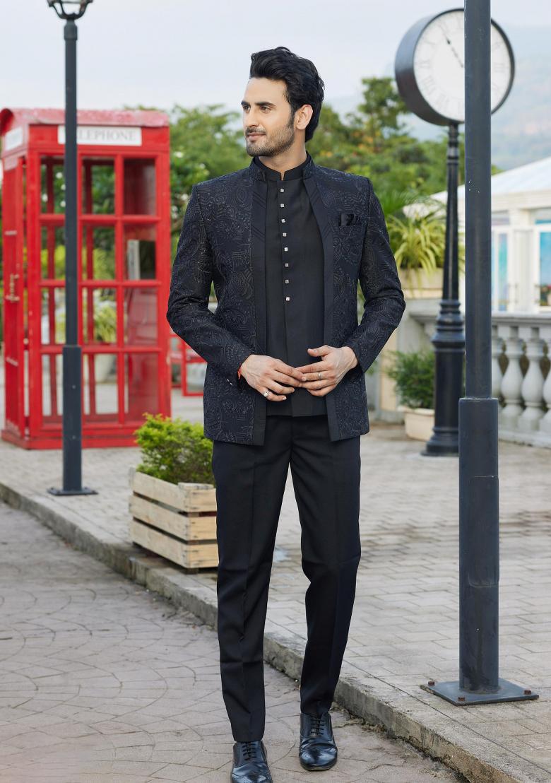 Black Solid Polyester Bandhgala For Men