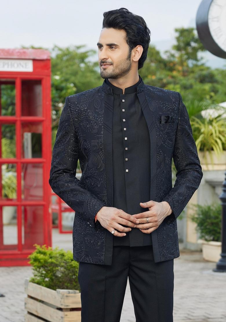 Black Solid Polyester Bandhgala For Men