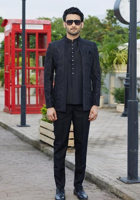 Black Solid Polyester Bandhgala For Men
