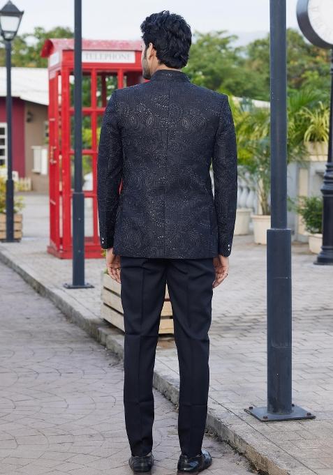 Black Solid Polyester Bandhgala For Men