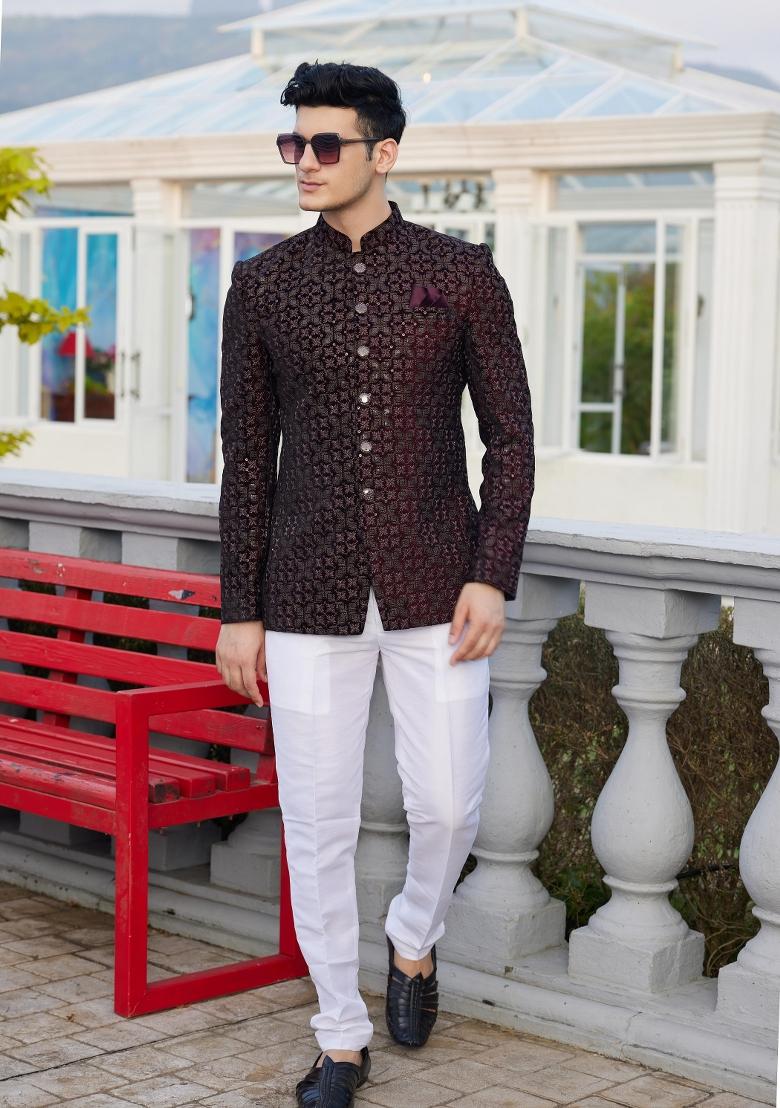 Purple Solid Polyester Bandhgala For Men