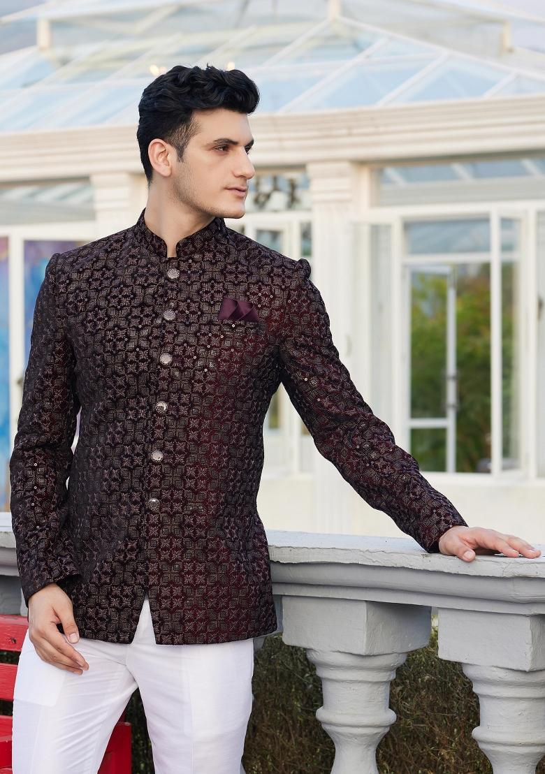 Purple Solid Polyester Bandhgala For Men