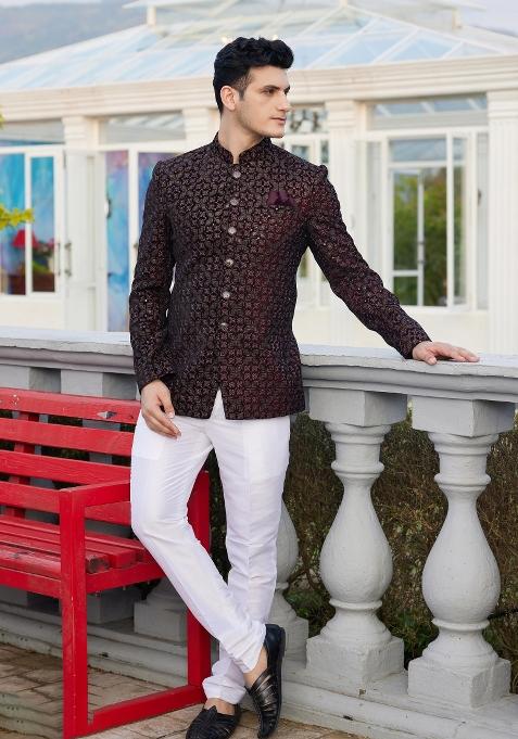 Purple Solid Polyester Bandhgala For Men