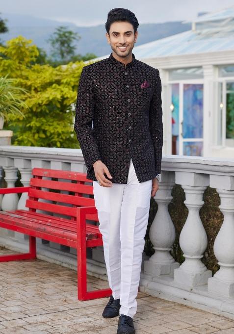 Black Solid Polyester Bandhgala For Men