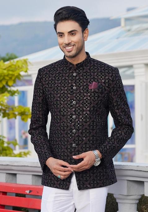 Black Solid Polyester Bandhgala For Men