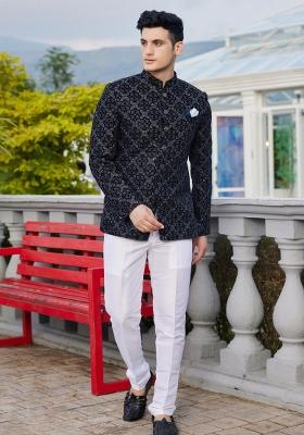 Blue Solid Polyester Bandhgala For Men