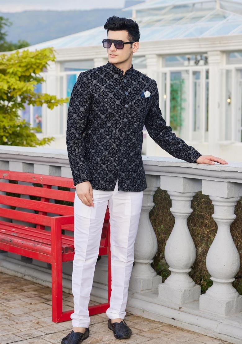 Blue Solid Polyester Bandhgala For Men