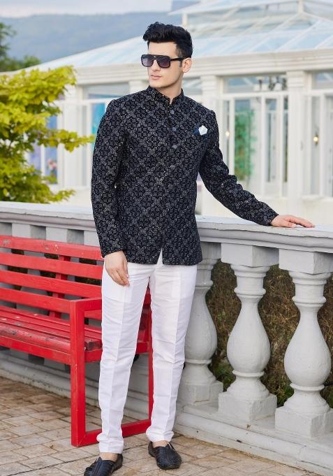 Blue Solid Polyester Bandhgala For Men