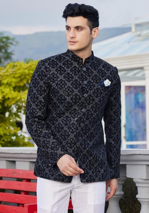 Blue Solid Polyester Bandhgala For Men